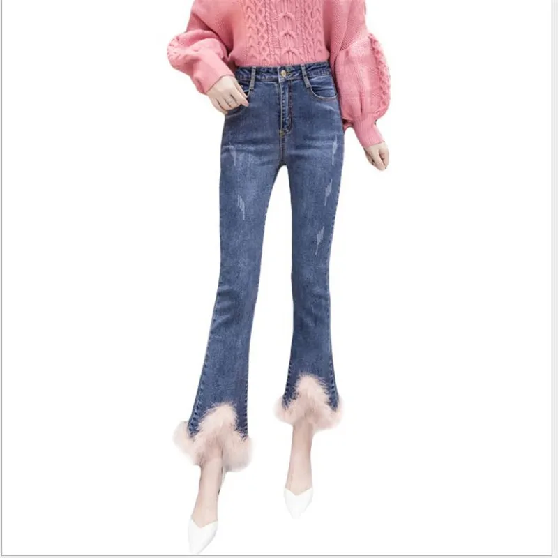 2018 модные осень-зима Для женщин джинсы женские Высокая Талия расклешенные брюки облегающие повседневные джинсы теплые тонкие флисовая