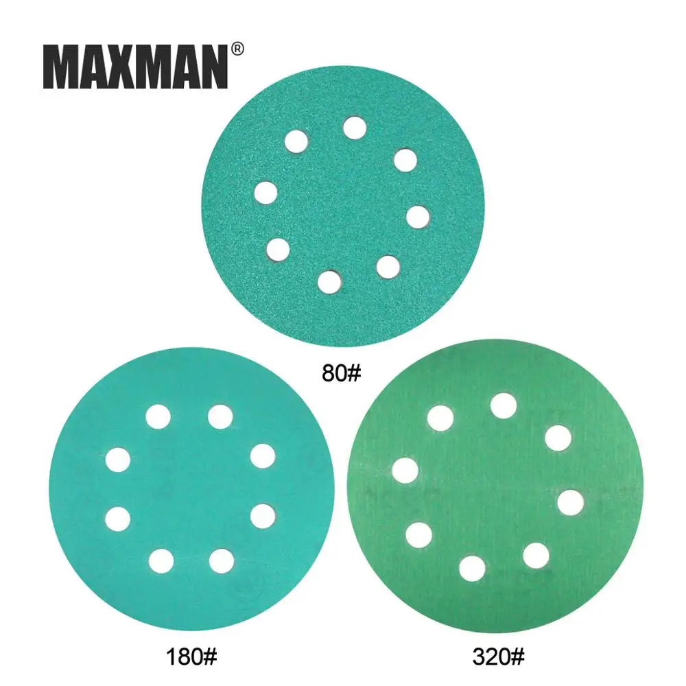 MAXMAN 10 шт. 5 дюймов 8 отверстий наждачная бумага 60-2000 гритс зеленая пленка шлифовальный диск Флокирование водный Песок Сухой/влажный шлифовальный