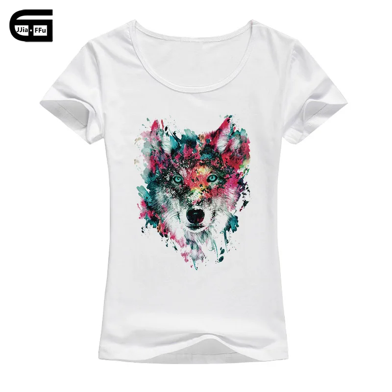 

2018 Kawaii Watercolour Wolf Printed T shirt Women Crew Neck Harajuku Tops Summer Cotton Animal Print Tees B178