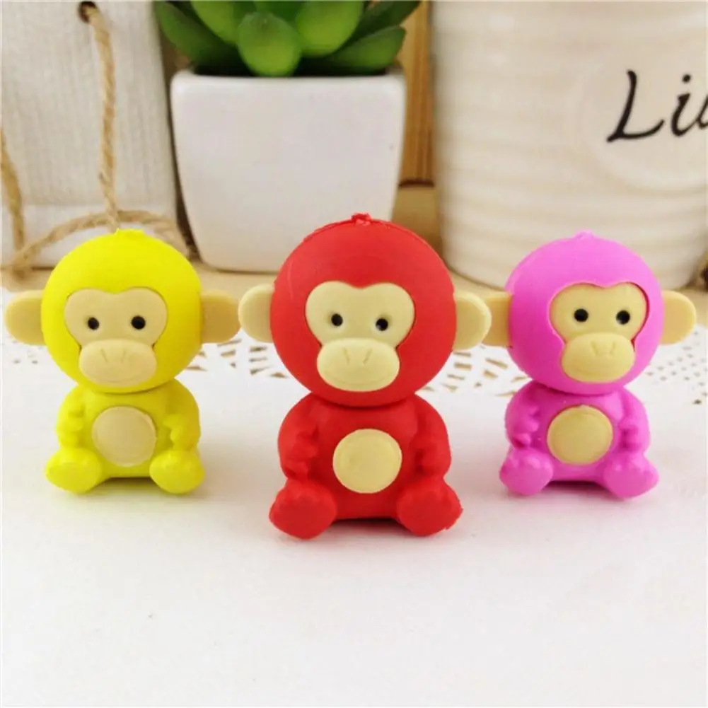 Top 3Pcs Cartoon Little Monkey Eraser Cute Animal Kids Stationery