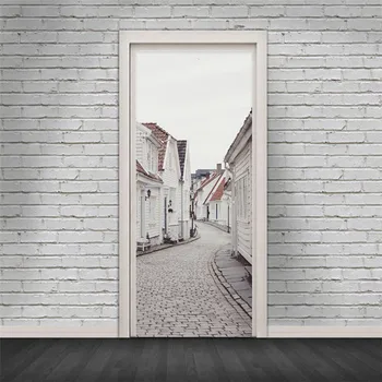 

Canvas Machine Printing Creative 3D Old Buildings Picture Self Adhesive Waterproof Home Decor Durable Vintage Door Art Sticker