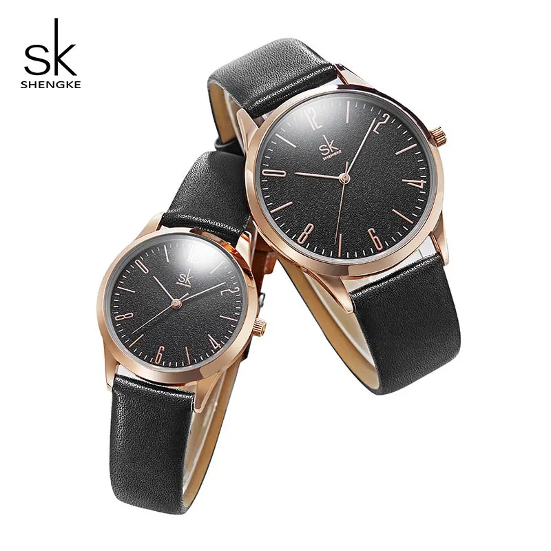Shengke модные кожаные женские и мужские парные часы, набор роскошных часов для влюбленных, Кварцевые женские и мужские наручные часы Reloj Mujer Hombre# K9003 - Цвет: Black Couple Watch