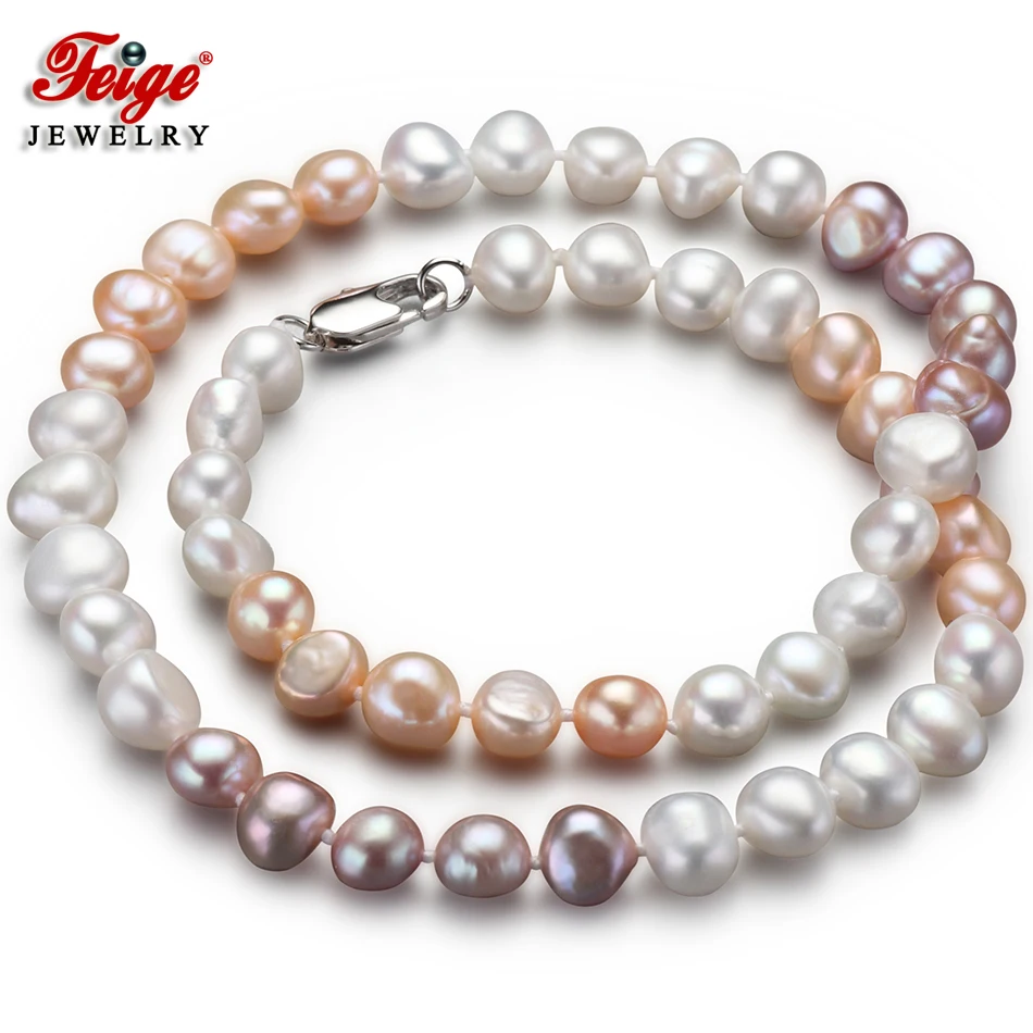 

Feige Special offer Baroque style 7-8MM Multicolor Natural Freshwater Pearl Necklace for Women Fine Pearl Jewelry Colar Bijoux