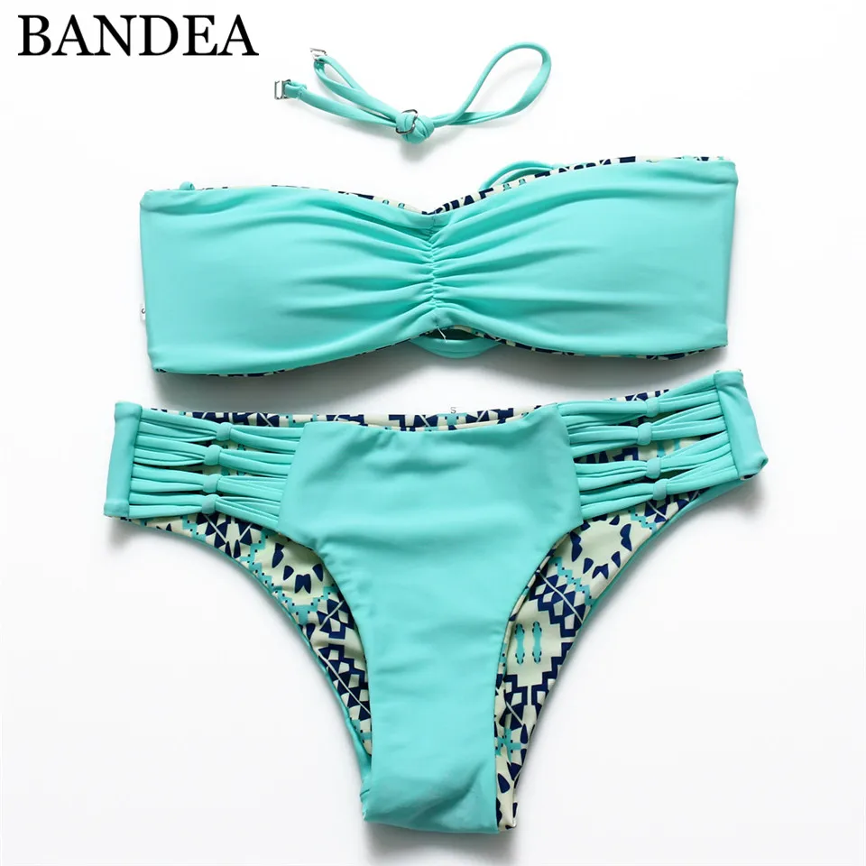 Bandea Sexy Bikini Set Print Floral Swimsuit Sexy Strappy Bikini Women Beach Swimwear Reversible 