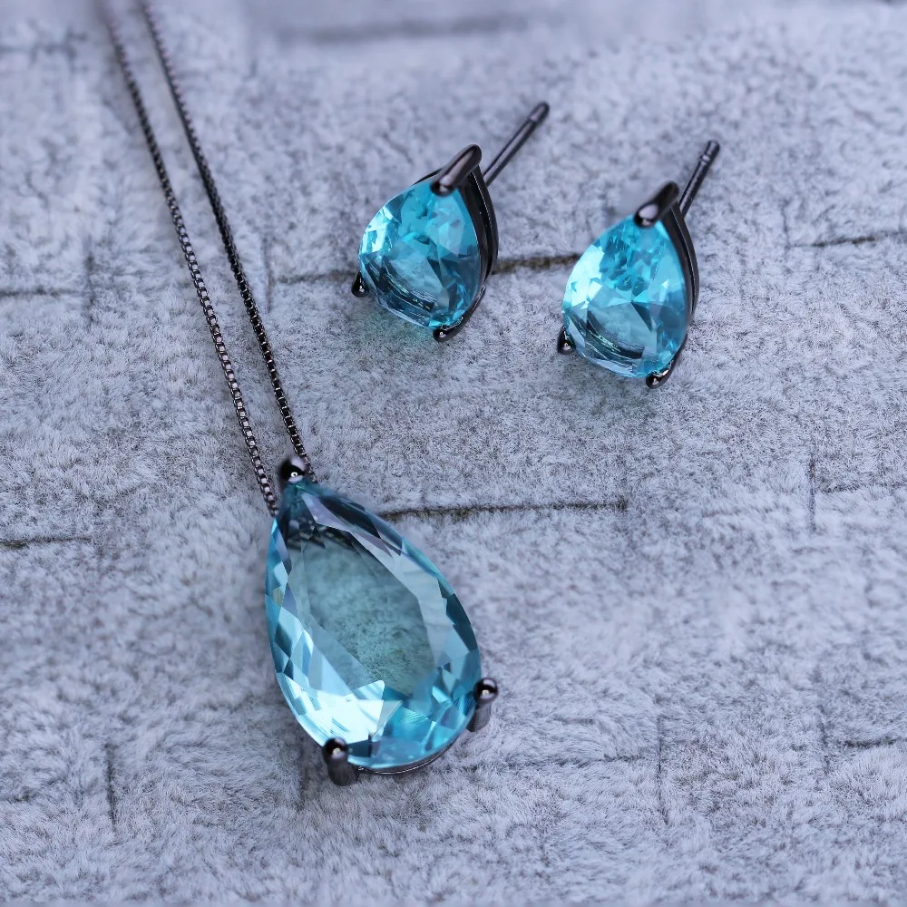 

Kinforse Blue Water Drop Women Jewelry Sets Clear Crystal Natural Stone Pendant Necklace&Stud Earrings for Women Fashion Jewelry