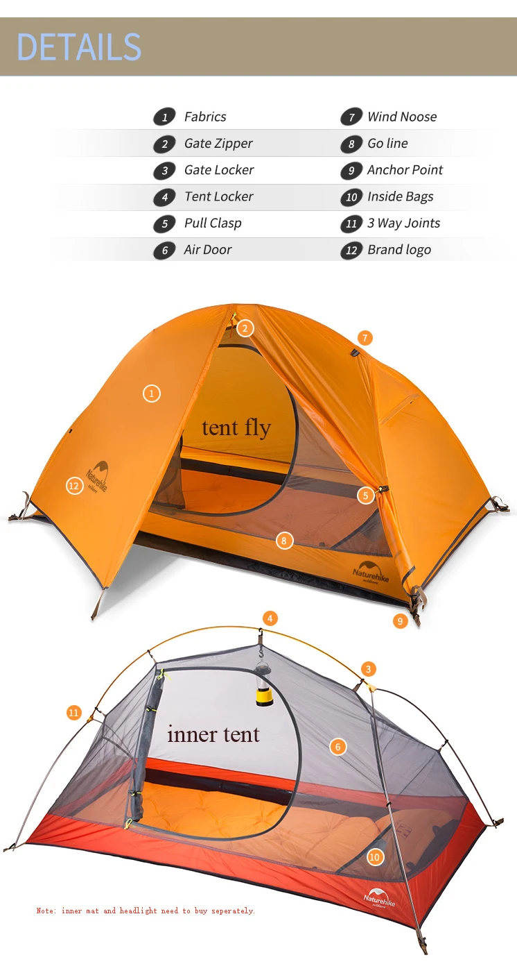 Tecido de Silicone Temporada com Esteira Naturehike Tenda Ultraleve 1 Pessoa Camadas Duplas Haste Alumínio Caminhadas 4 Acampamento 1.3 kg 20d Mod. 1264035 8 High Quality Esporte e Lazer