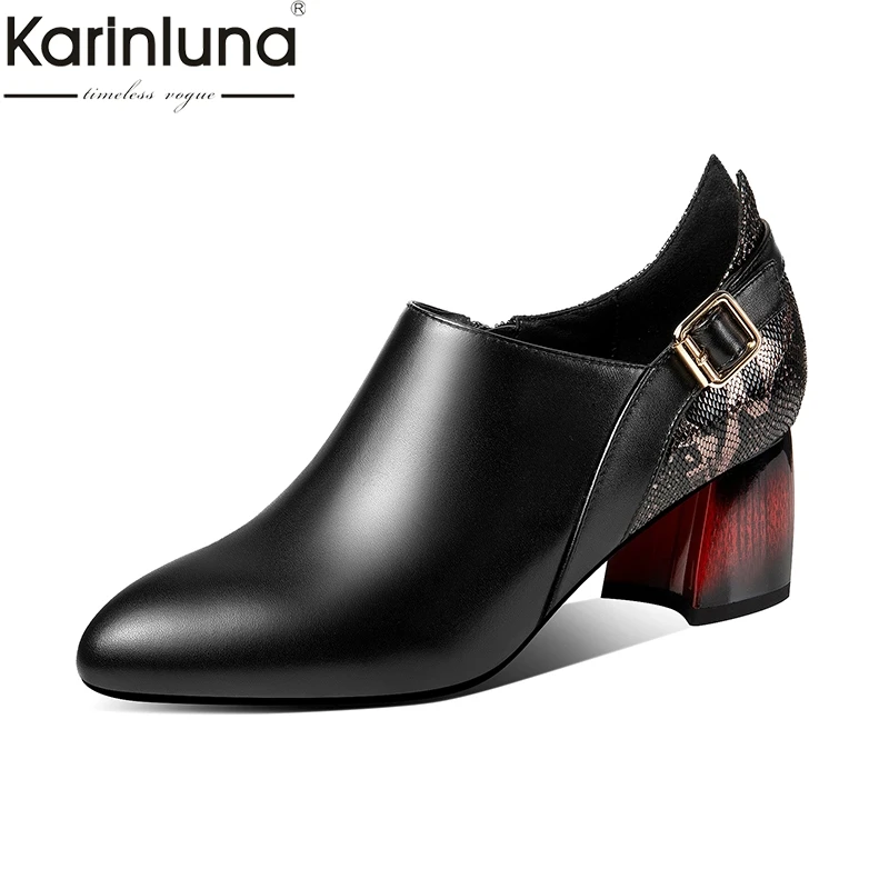 

KarinLuna Zipper Genuine Leather Pointed Toe Chunky Heels women's Pumps 2019 Brand New Chic Style Mature women's Shoes