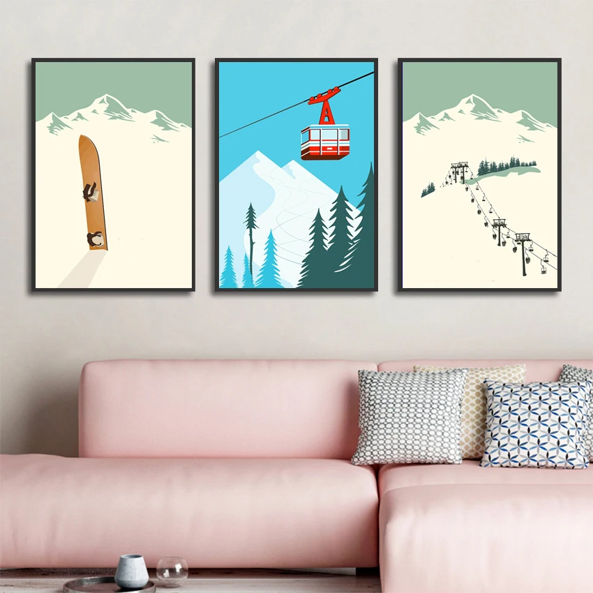 الشمال الديكور المنزل خمر الشتاء المشهد الملصقات والمطبوعات اللوحة مجردة التزلج الرياضية قماش الفن جدار الصور