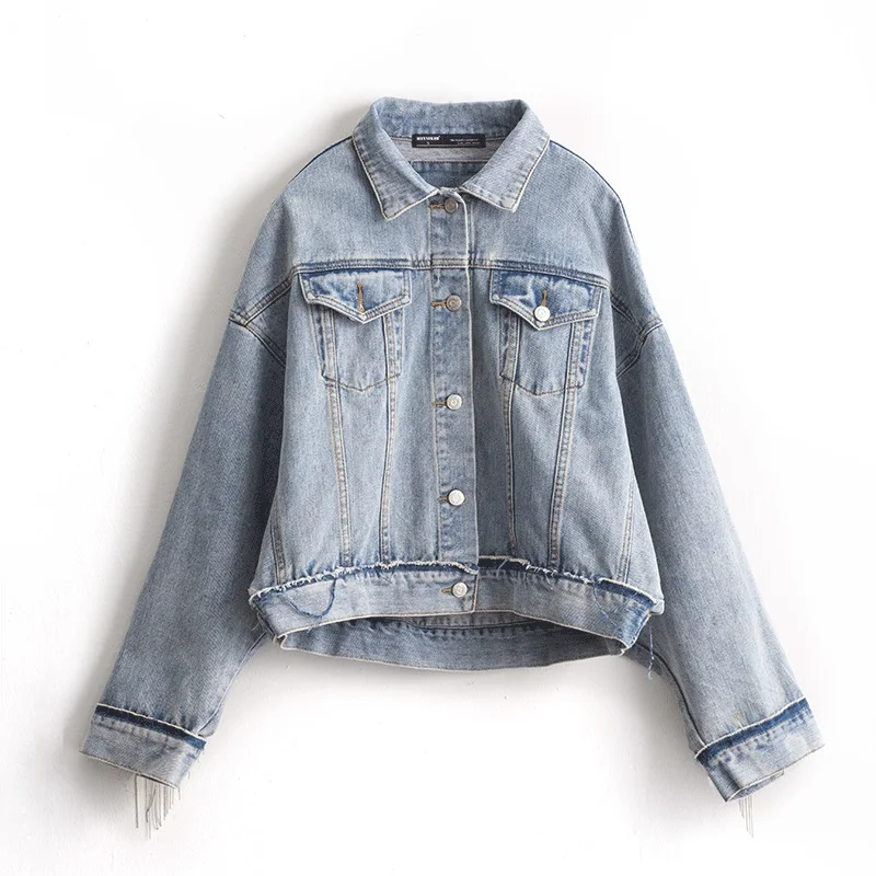 HAMALIEL Women Denim Long Batwing Sleeve Jacket Spring Beading Tassle Short Loose Girl Jeans Coats Fashion Harajuku Outerwear HAMALIEL Women Denim Long Batwing Sleeve Jacket Spring Beading Tassle Short Loose Girl Jeans Coats Fashion Harajuku Outerwear