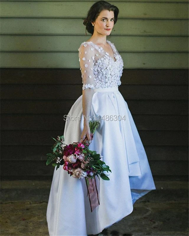 2019 High Low Country Wedding Dresses with Applique Illusion Half Sleeves Bridal Gowns V Neck Sexy Buttons Back Formal Party A Line Dress (1)