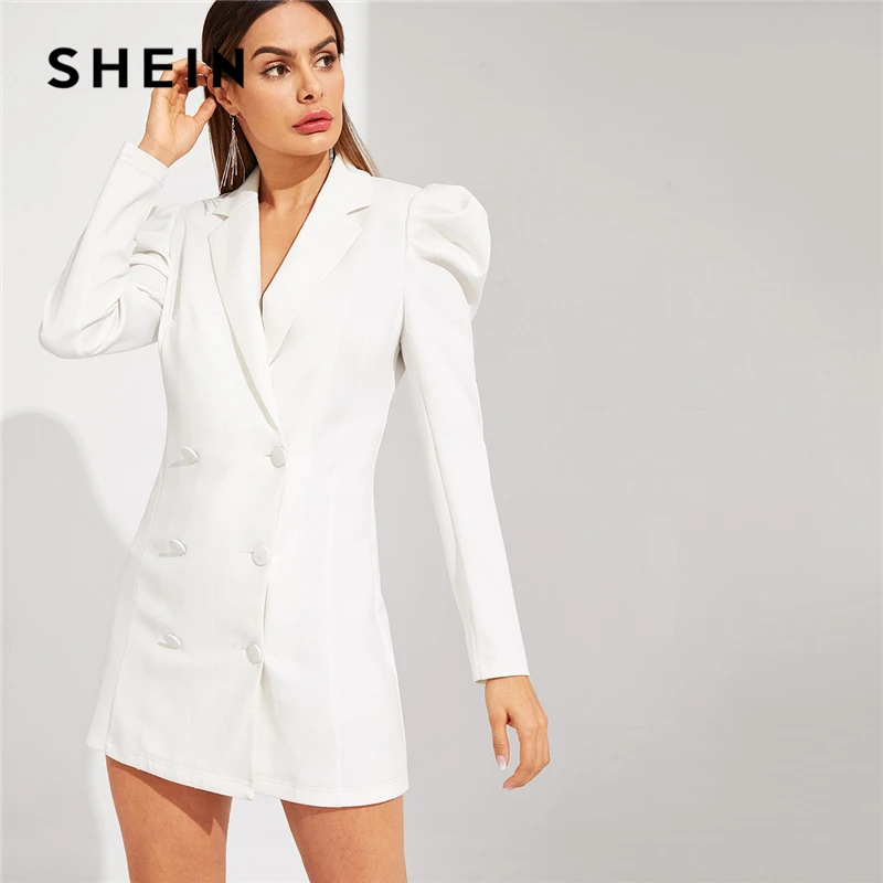 

SHEIN White Double Breasted Puff Sleeve V Neck Notched Solid Long Sleeve Short Dress Women Spring Office Lady Slim Fit Dress