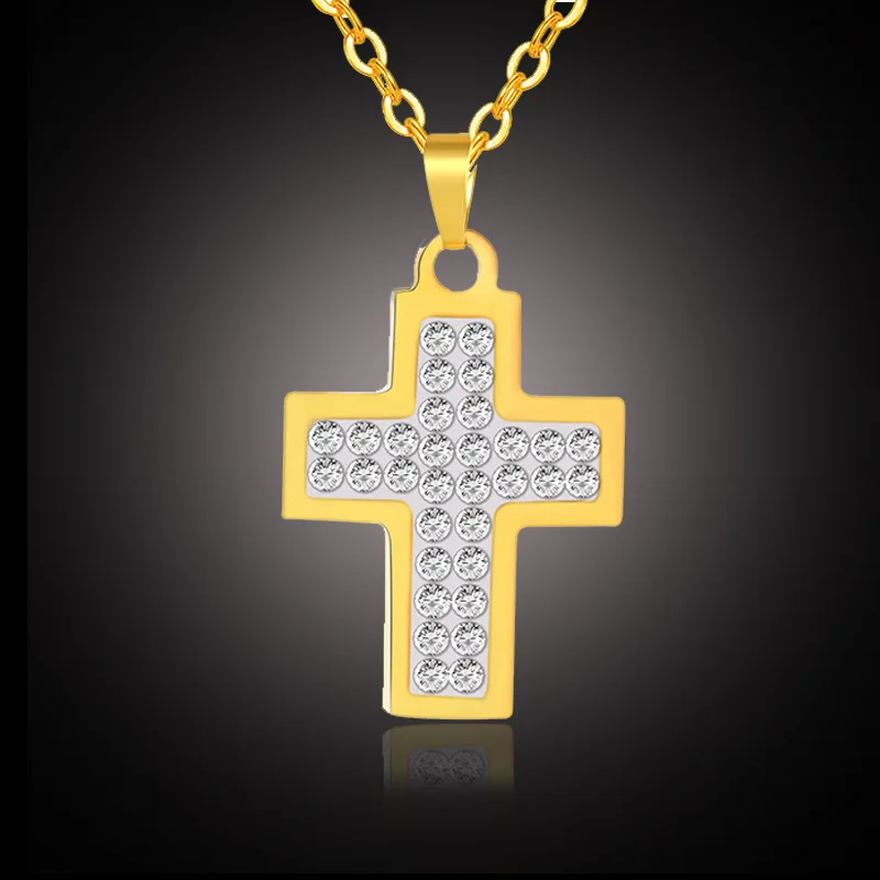 New Classic Gold Color Rhinestone Cross Pendant Necklace for Women/Girls Stainless Steel Charm Christmas Gift | Украшения и