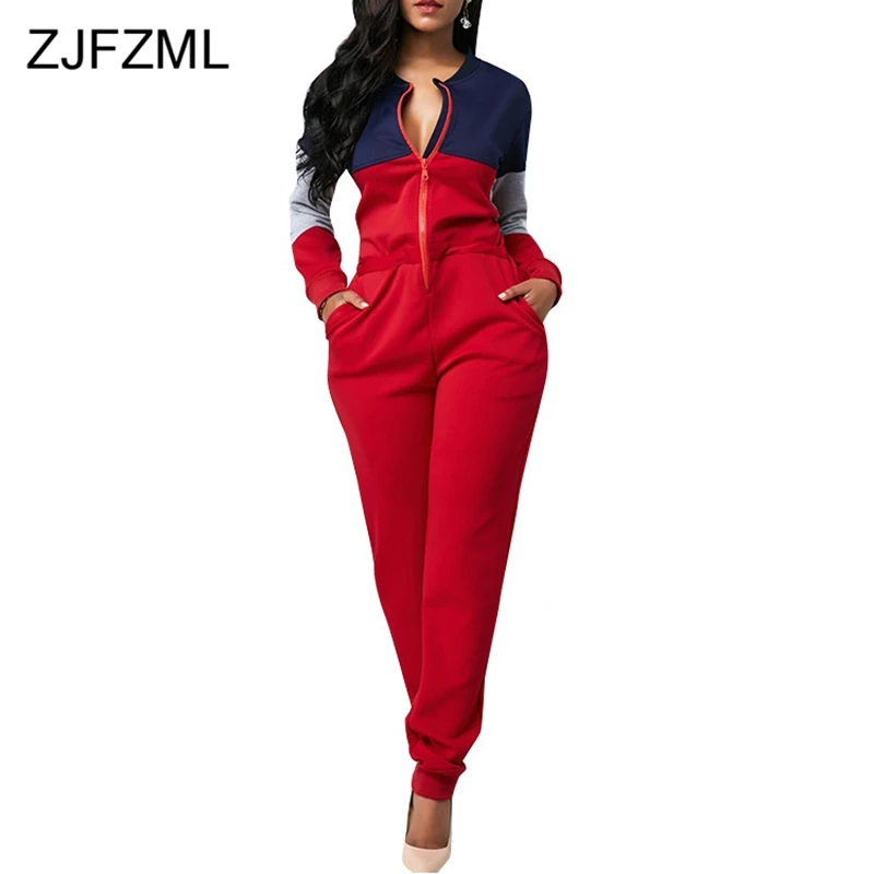 Contrast Color Casual Rompers Womens Jumpsuit Women Long Sleeve Front Zipper One Piece Overall Winter Pockets Plus Size Bodysuit