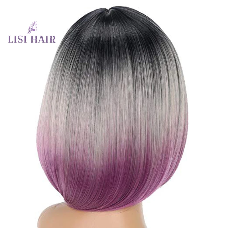 LISI волосы короткие парики синтетические волосы парики для женщин черный Боб прямые волосы парик Серый Фиолетовый Омбре термостойкие 10 дюймов