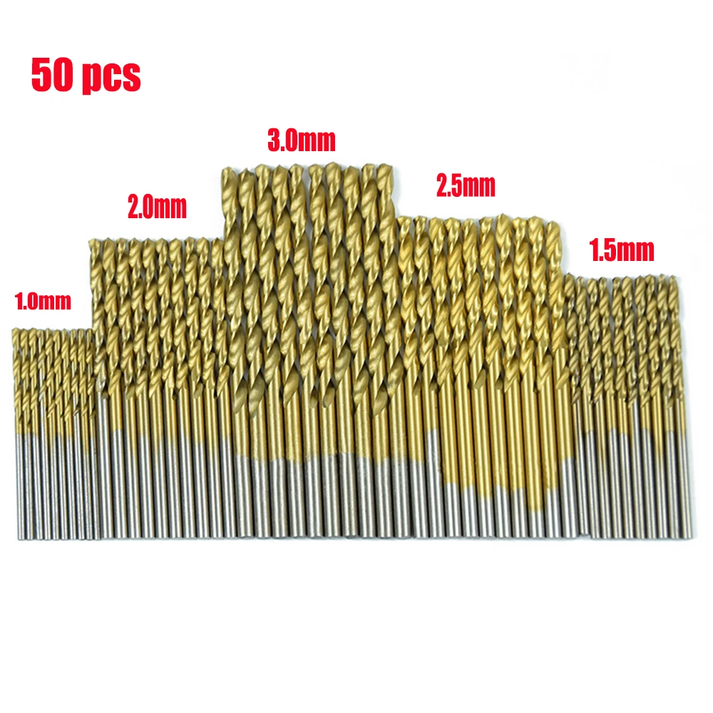 

50 pcs Titanium Coated 1/1.5/2/2.5/3mm Drill Bits HSS High Speed Steel Drill Bits Set Tool High Quality Power Tools