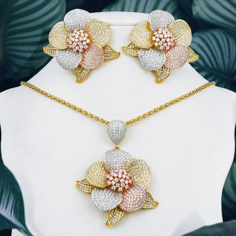

ModemAngel Elegant Flower 3Tone Copper Pendant Necklace And Earring Set Full Cubic Zircon Women Wedding High Quality Gift