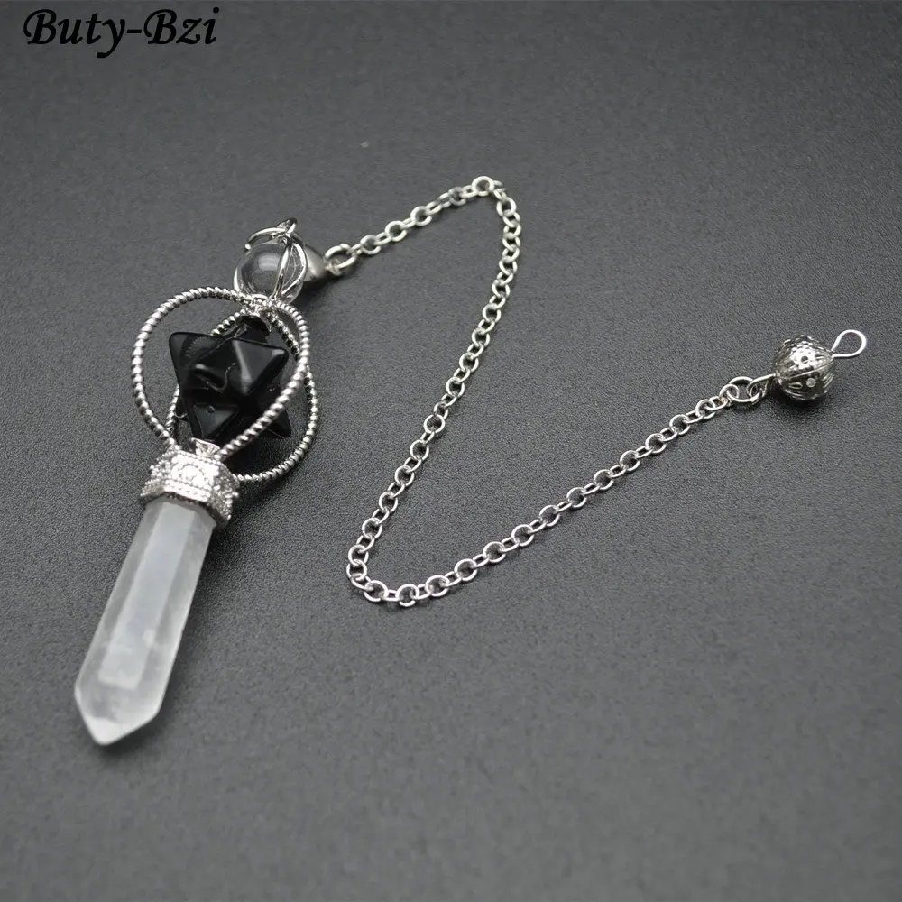 

Natural Crystal Pillar Pendant with Gem Stone Star on Top Chains Pendulum