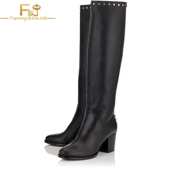 

FSJ Winter Classic Handmade Leather Womens Round Toe High Chunky Heels Warm Knee High Boots Dress OutDoor Woman Shoes Size 4-16