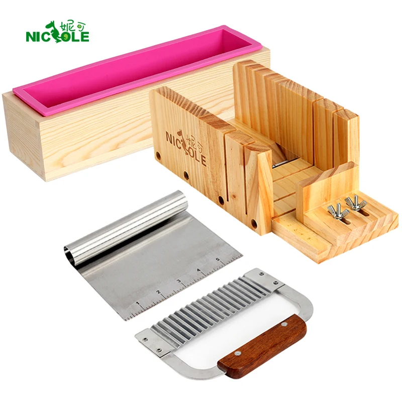 

Handmade Soap Making Tool Set-4 Adjustable Wooden Loaf Cutter Box 2 Pieces Stainless Steel Blades and Rectangle Silicone Mold