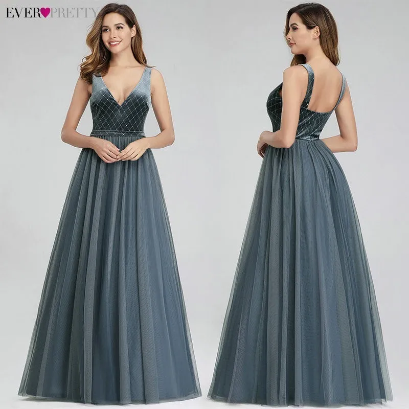 Plus Size Evening Dresses Long Ever Pretty New Dusty Blue Sleeveless V-neck Cheap Summer Formal Gowns Robe Soiree Dubai