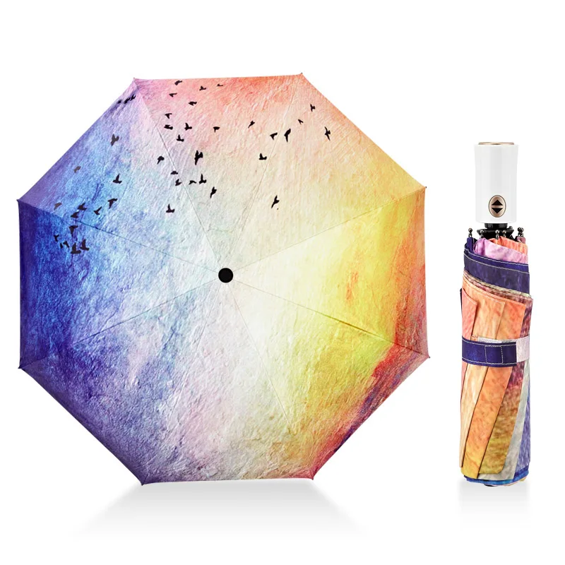 

MUERHUA 2018 Fashion Seagull Umbrella Rain /Sun Women Anti-UV Durable 3 Folding Automatic Umbrella Windproof Female Parasol