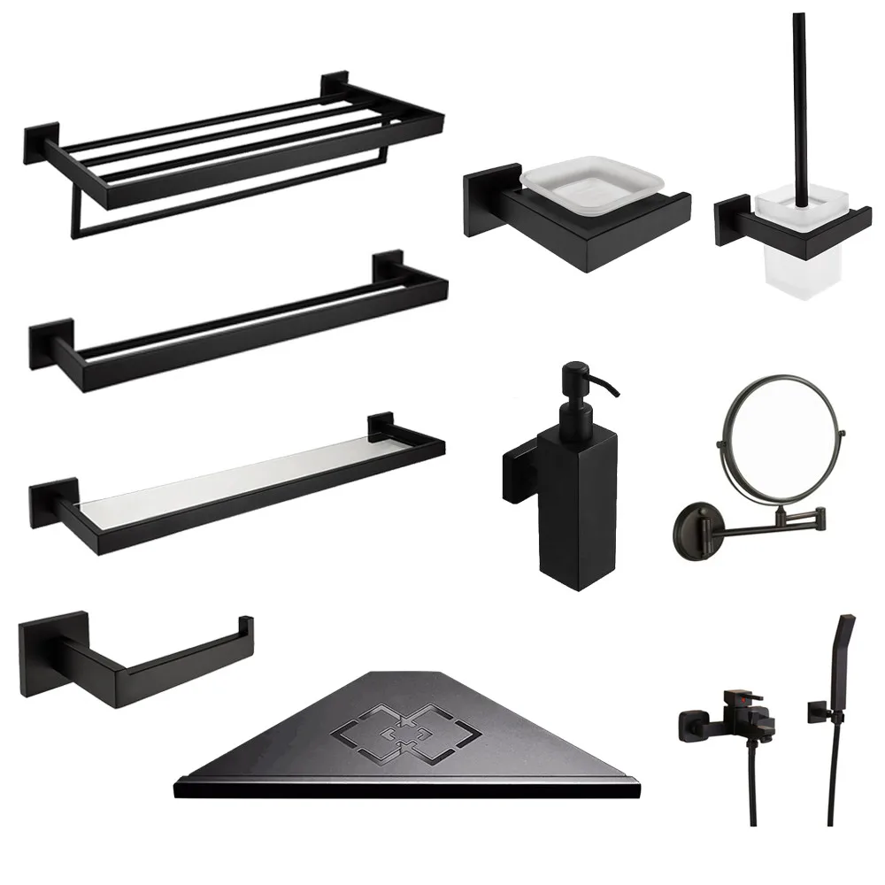 

304 Stainless Steel Bathroom Hardware Set Towel Rack Bathroom Toilet Brush Holder Bathroom Accessories Set Black Soap Dispenser