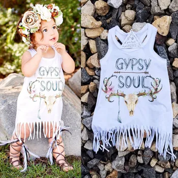 

Baby Dress Cute Children Dresses New White Baby Kids Girls Fringe Sundress Kids Tassel Dress Print Deer Vest Dress
