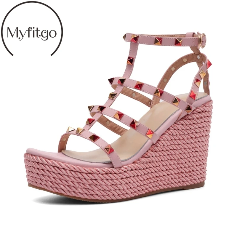 

Myfitgo Platform Wedges Bridal Shoes Woman Espadrilles Sandals Rivets Straps Summer Sandals High Quality Platform Shoes Woman