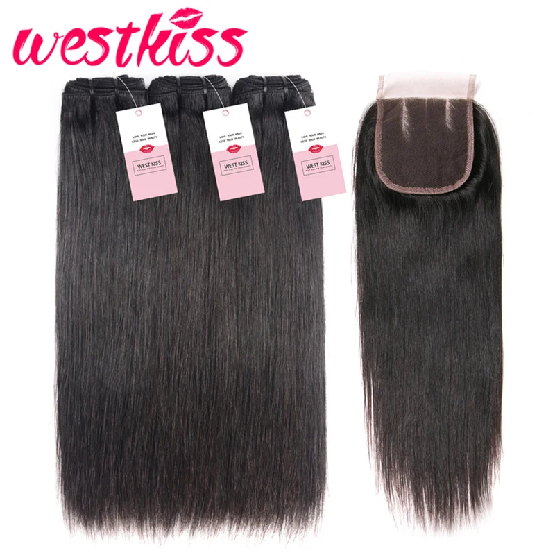 West Kiss Hair 3 Bundles Brazilian Virgin Hair With Closure Natural