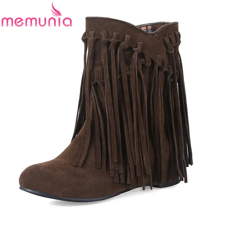 

MEMUNIA NEW arrival boots women 2018 with fringe round toe ankle boots height increasing heels winter boots plus size 34-43