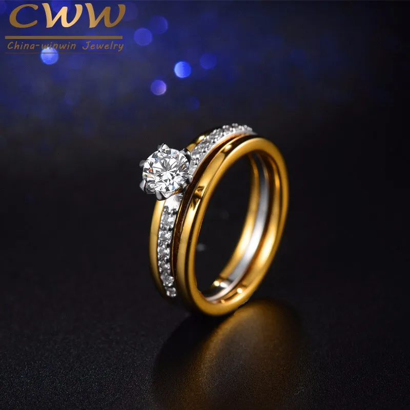 CWWZircons бренд два тона цвет великолепный кубический цирконий обручение ювелирные изделия обручальное кольцо Набор для женщин R088