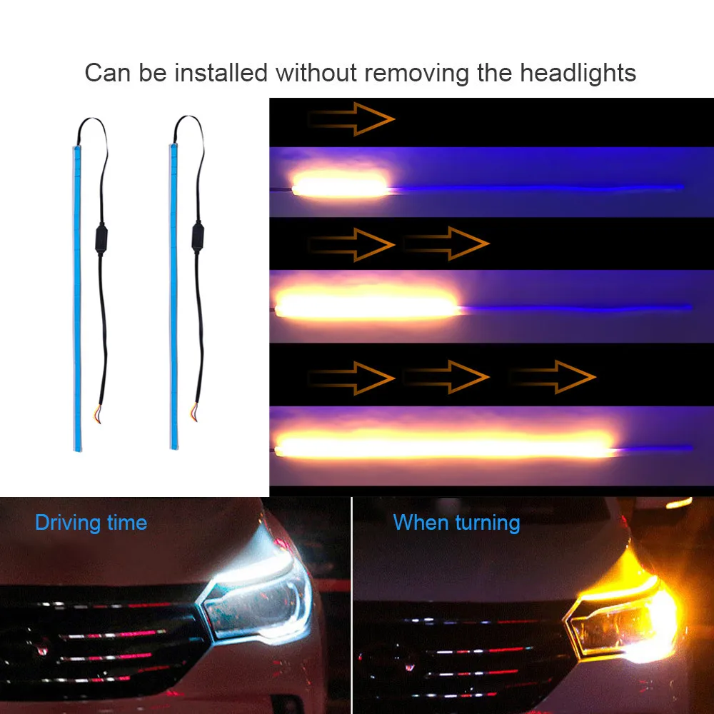 Силиконовые 2 водонепроницаемые яркие фары дневного света для автомобиля DRL светодиодный дневные ходовые огни Поворотная сигнальная направляющая полоска лампа для фар в сборе