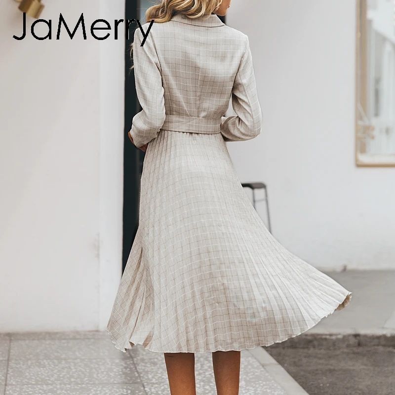 Женское винтажное клетчатое платье JaMerry элегантный блейзер с поясом на пуговицах