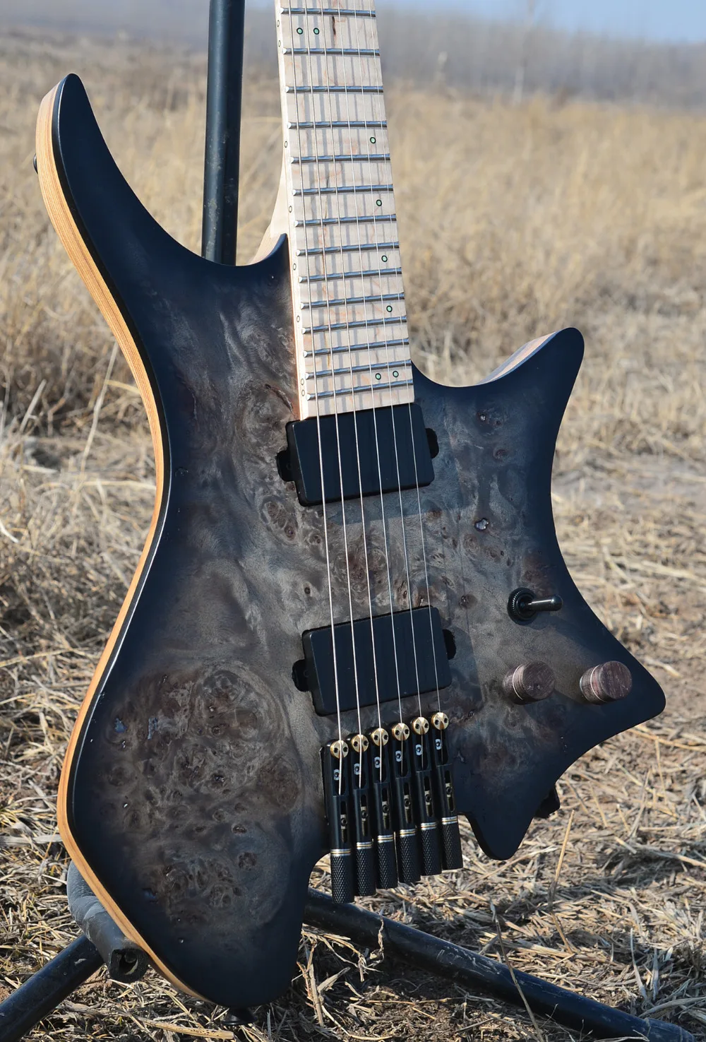 2019 New NK Headless guitar Fanned Fret guitars black Eye Poplar Veneer