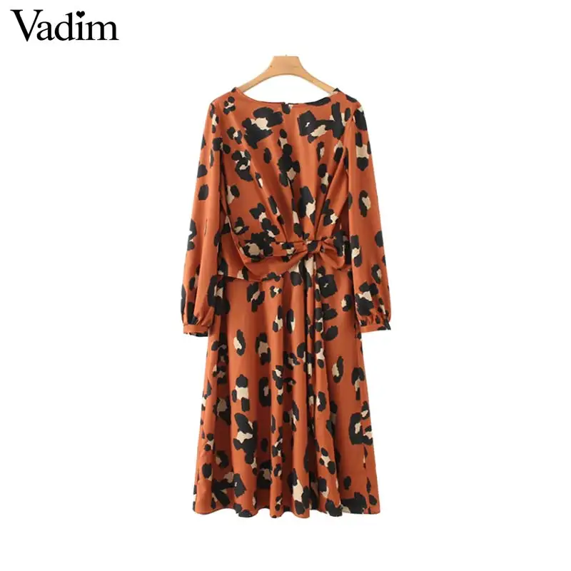 

Vadim women leopard print pleated midi dress animal pattern long sleeve split female fashion casual dresses vestidos QA997