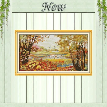 

Beautiful view of lake,autumn forest Scenery,Counted Printed on canvas DMC 11CT 14CT Cross Stitch kits,needlework Set embroidery