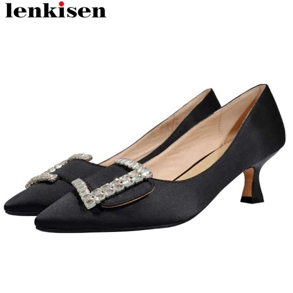 

Large size bride wedding party glitter crystals fastener design slip on med heels pointed toe silk natural leather pumps L1f1