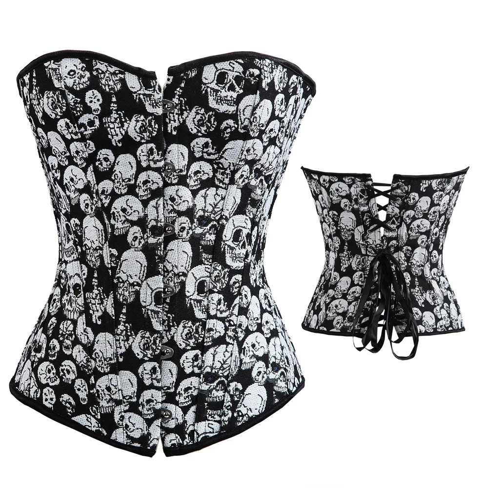 

Vintage Burlesque Overbust Corset Skull Sexy Club Bodysuits For Women Halloween Party Club Wear Tops