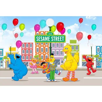 

Sesame Street Photo Background Puppet Elmo With His Friends With Colourful Architecture Backdrop For Kids Birthday Party Decor