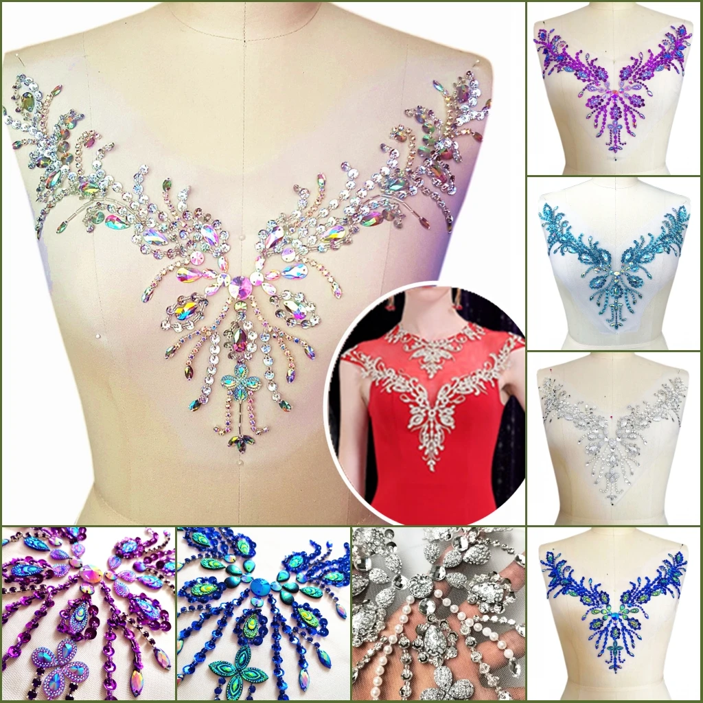 

Hand Sewing 30x39cm Clothing Wedding Diy Appliques Patches Purple Blue Silver Clear AB Sew on diy Fabric Chest Decoration Craft