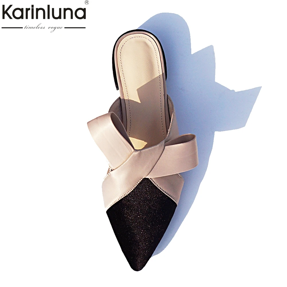

KarinLuna 2018 Best Quality Big Size 33-43 Bow Woman Summer Mules Slippers Mixed Colors Pointed Toe women's Shoes Flip Flops