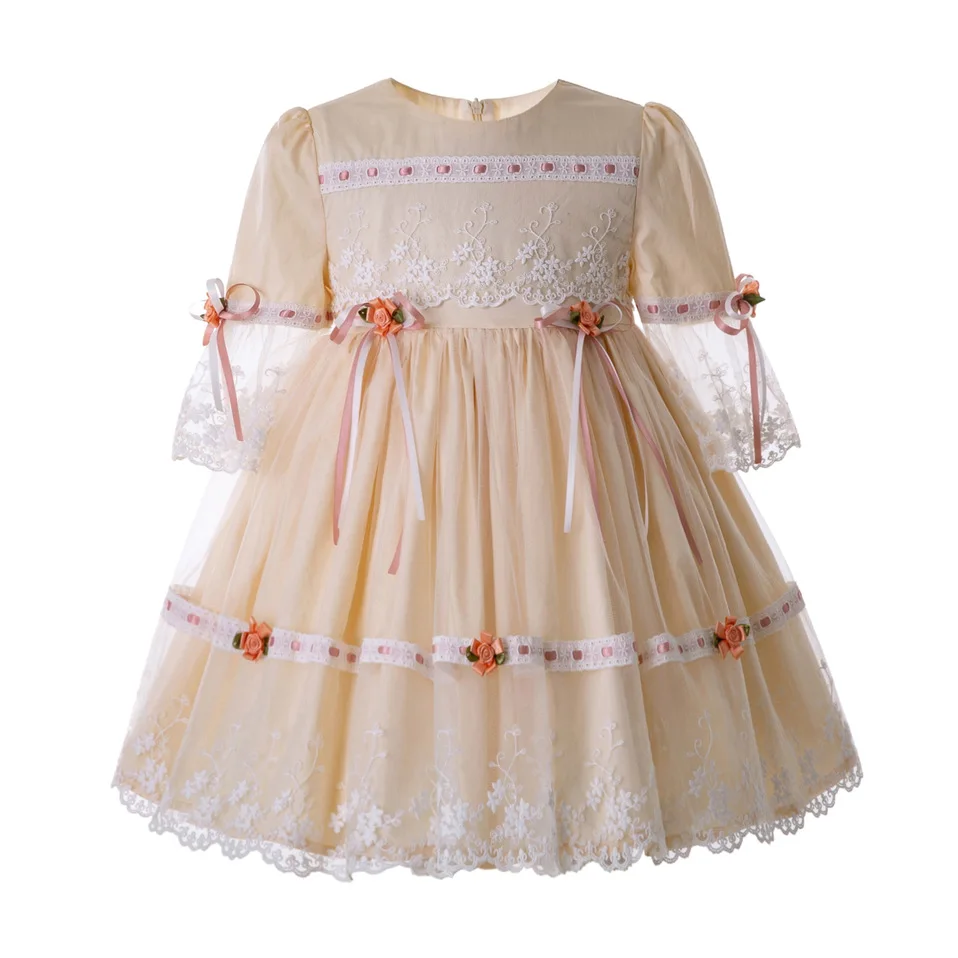 

Pettigirl Champagne Lace Girl Communion Dresses With Flower Mesh Evening Gowns For Wedding Summer Ceremony Dress G-DMGD112-C124