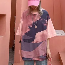2019 Summer Women T-shirt Fashion Women's Loose Style Mid-sleeves T-shirt Novel Tie-dyed Plus Size Ladies Casual Summer Tee sweet style flared sleeves shirt with self tie bowknot
