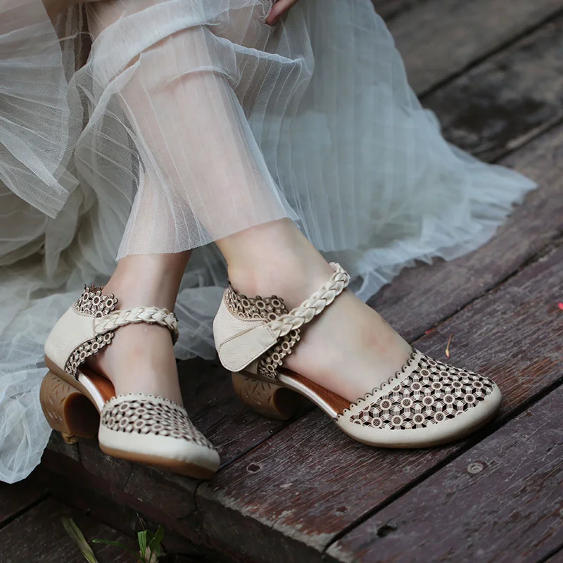 

2019 VALLU Peep Toes Women Sandals Shoes for Summer Genuine Leather Handmade Flowers Ankle Strap Women's Flat Sandals