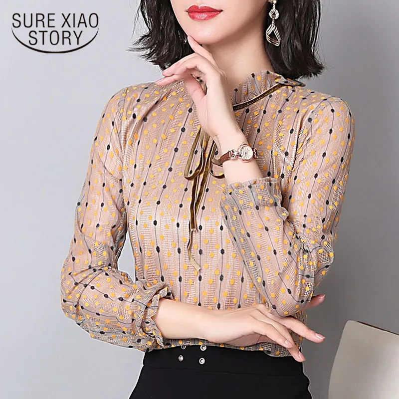Большие размеры женские рубашки с длинными рукавами кружевные блузки в горошек