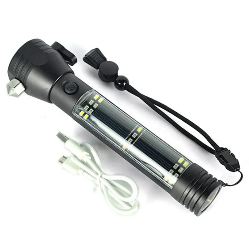 

Multifunction XPE Solar LED Flashlight Rechargeable Portable Torch hard Lights outdoor camping lamps +Safety Hammer +Power Bank