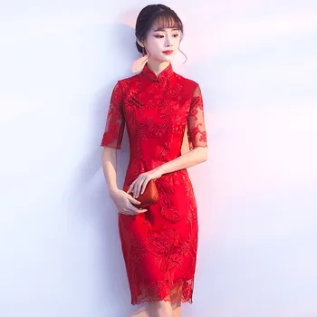 

Red Classic Short Female Cheongsam Traditional Handmade Button Dress Summer Bride Evening Party Qipao Size S M L XL XXL XXXL