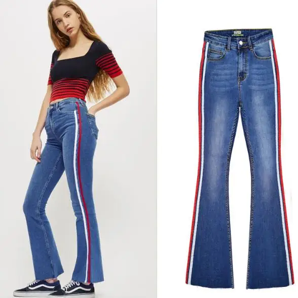 

2018 New Women Design Side red white Stripe Skinny Brief Slim Flare Jeans Frayed Denim Pants skinny