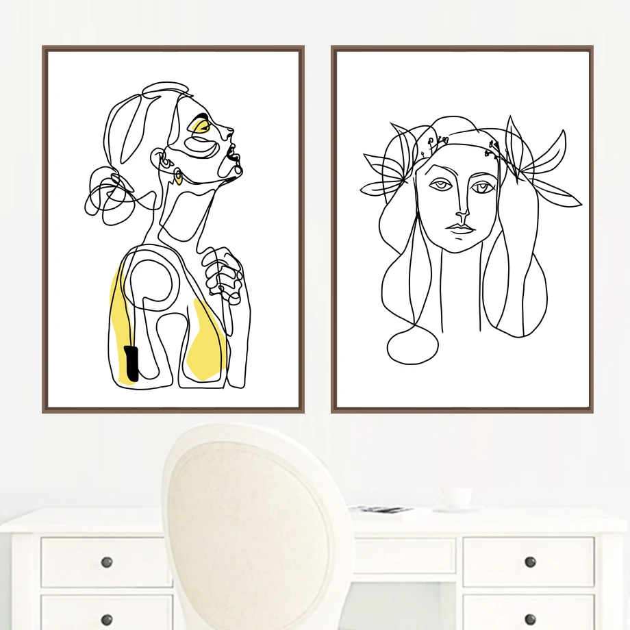 

Abstract Women Line Drawing Nordic Poster And Prints Modern Canvas Painting Wall Art Yellow Girl Wall Picture Bedroom Home Decor