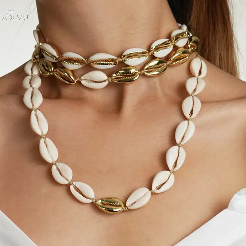 AOMU 2019 модное горячее ожерелье с раковинами браслет набор 3 различных дизайна золотой цвет натуральный корпус Шарм Ювелирные ожерелья